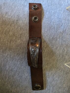 Brown Leather Snap Wrist Cuff with Ornate Metal Spoon Accent